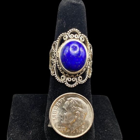 Bali style filigree round boho blue lapis lazuli ring 925 sterling silver - Picture 7 of 10